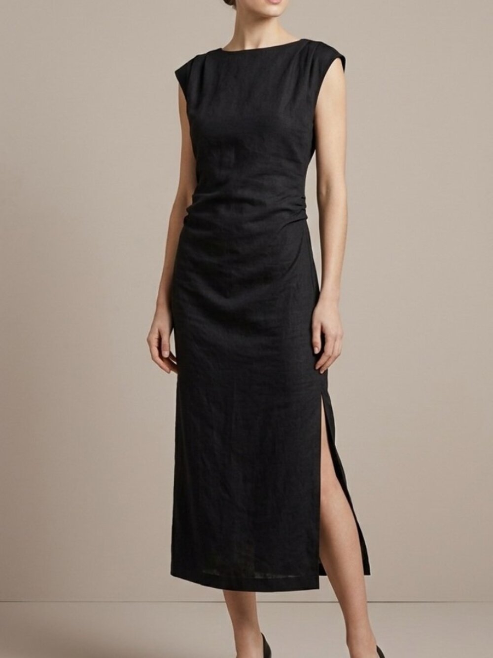 MASSIMO DUTTI Black Ruched Linen Blend Midi Dress sz XS